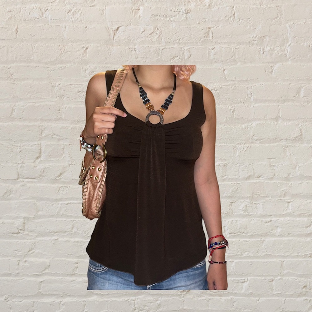 🥥y2k boho coconut girl brown tank top with beaded halter  O ring strap